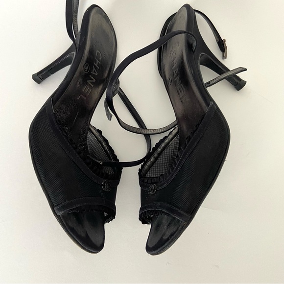Chanel Black Mesh And Satin CC Open Toe Ankle Strap Heeled Sandals - Picture 7 of 16